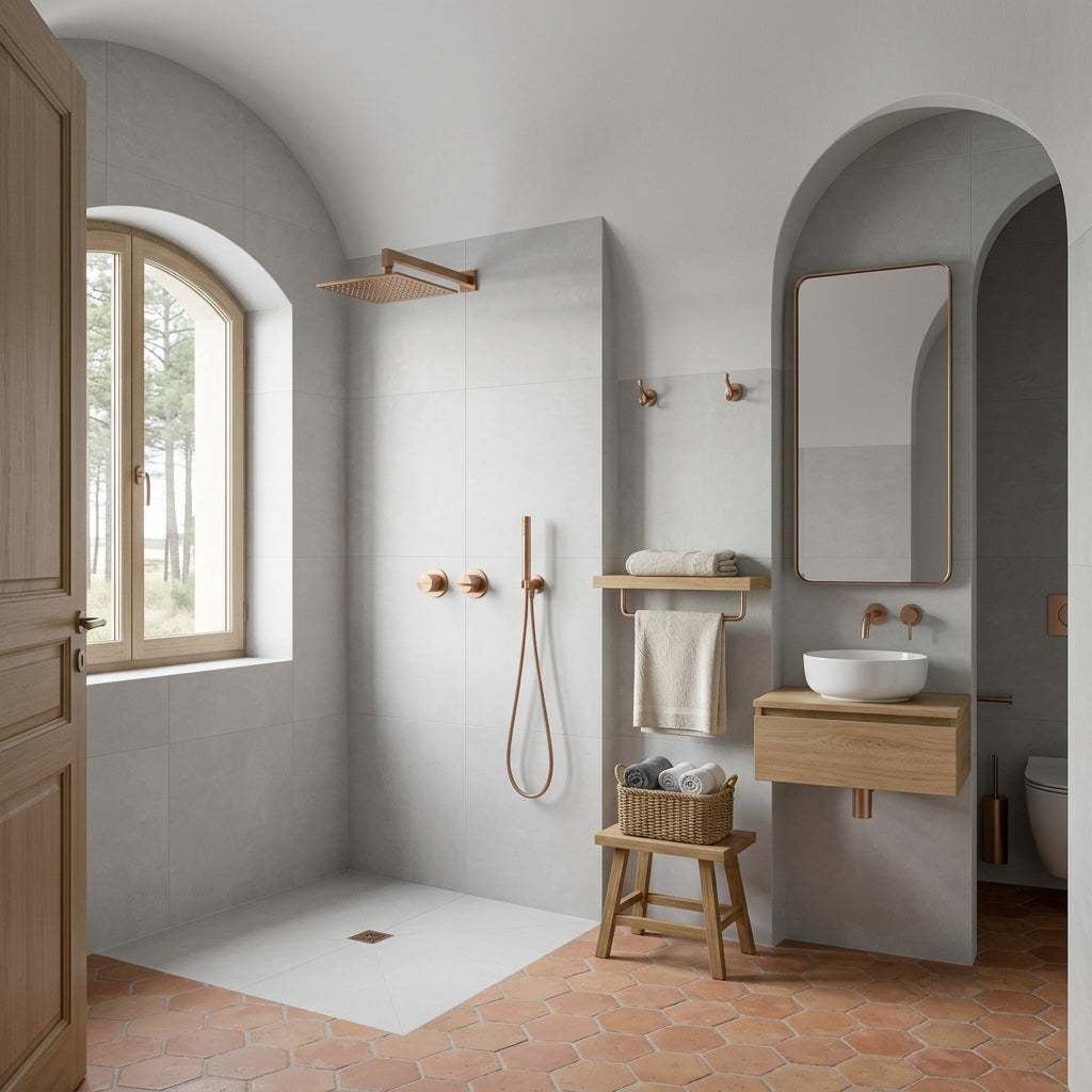 Colonne de Douche Encastrée Vael Or Rose Brossé Laiton — Pommeau Pluie 250×250 mm