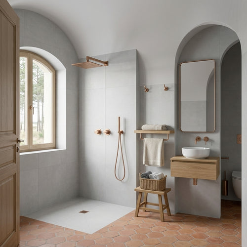 Colonne de Douche Encastrée Vael Or Rose Brossé Laiton — Pommeau Pluie 250×250 mm