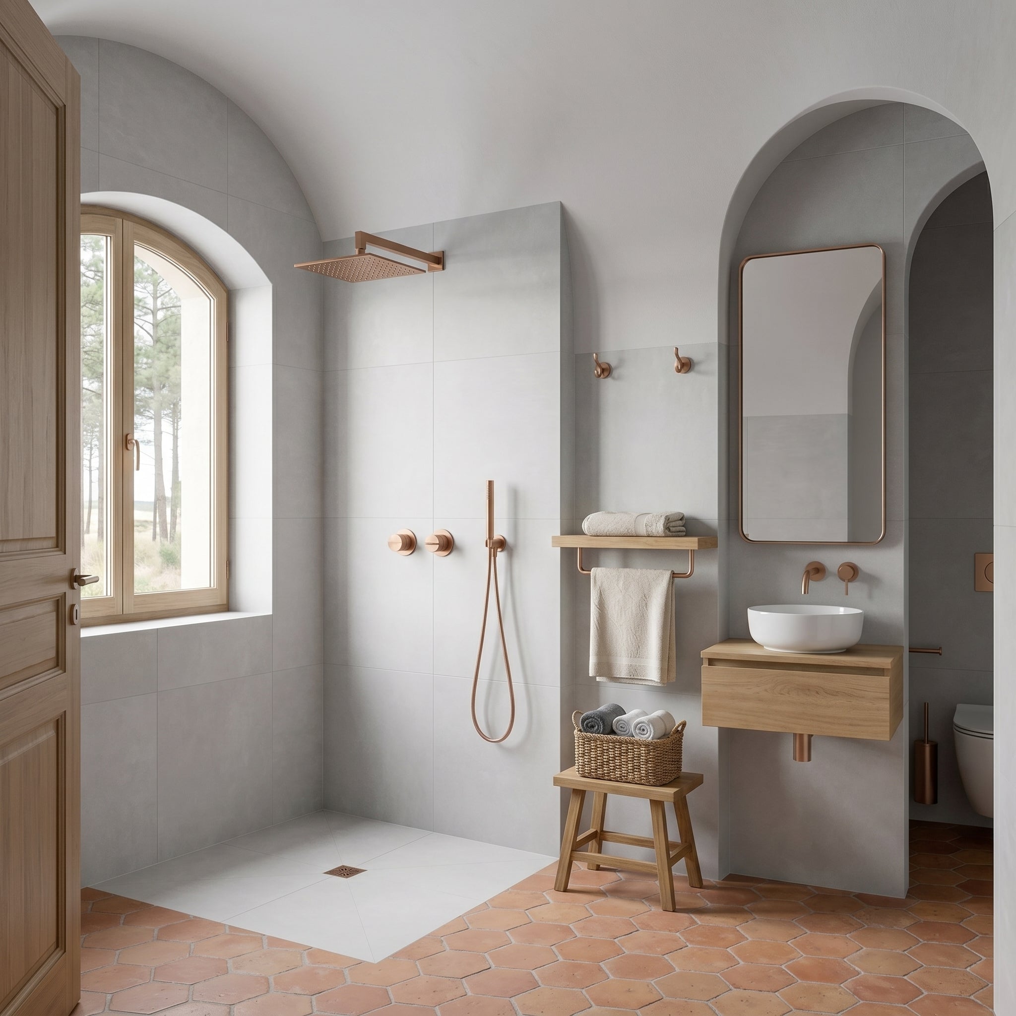 Colonne de Douche Encastrée Vael Or Rose Brossé Laiton — Pommeau Pluie 250×250 mm