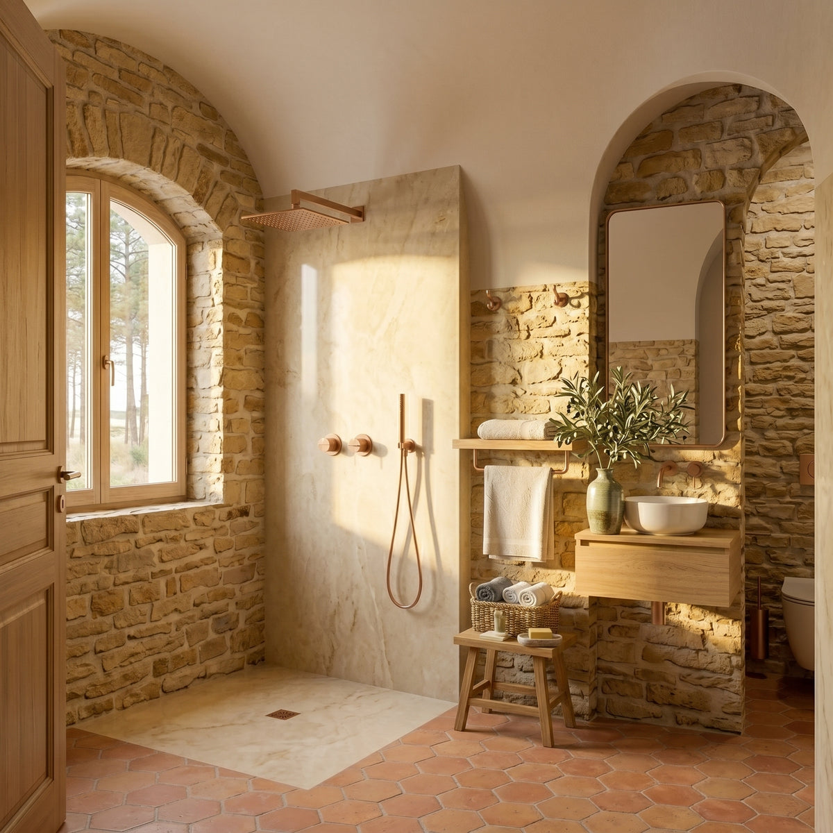 Colonne de Douche Encastrée Vael Or Rose Poli Laiton — Pommeau Pluie 250×250 mm