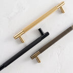 Trio de poignées Lyra moletées — or mat, noir mat, bronze antique
