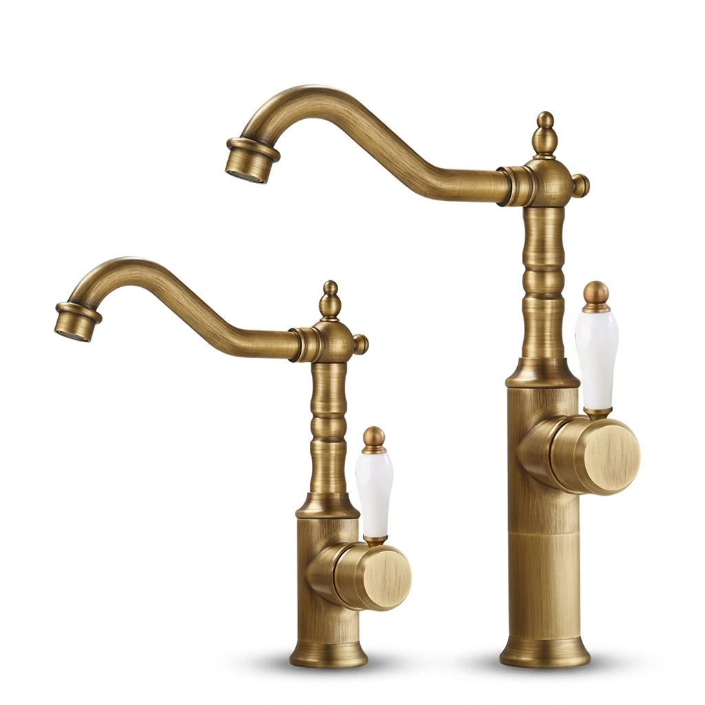Robinet Lavabo Rétro Bronze Antique — Bec Pivotant en Laiton
