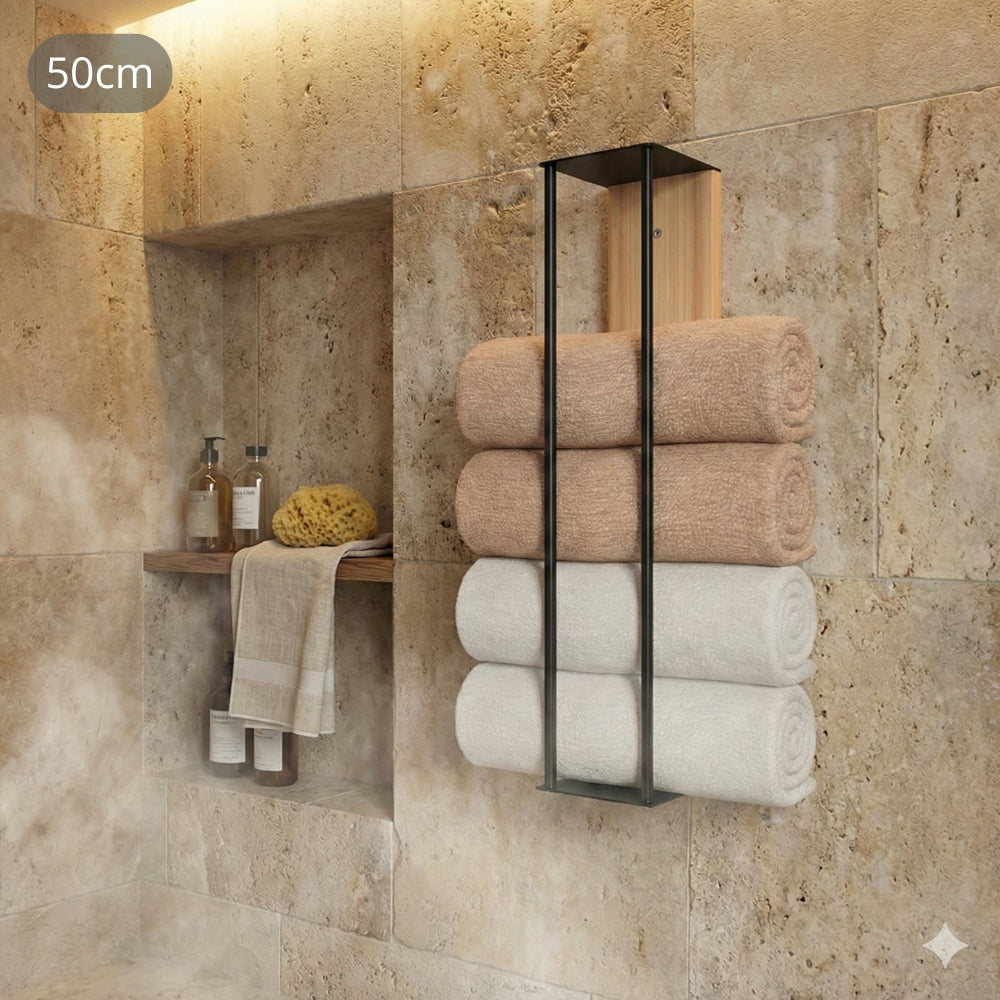 Porte-serviettes mural modulable en bois et métal | Rangement serviettes salle de bain