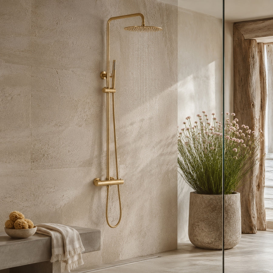 Colonne de Douche Murale Stellia Or Brossé Thermostatique — Laiton Massif
