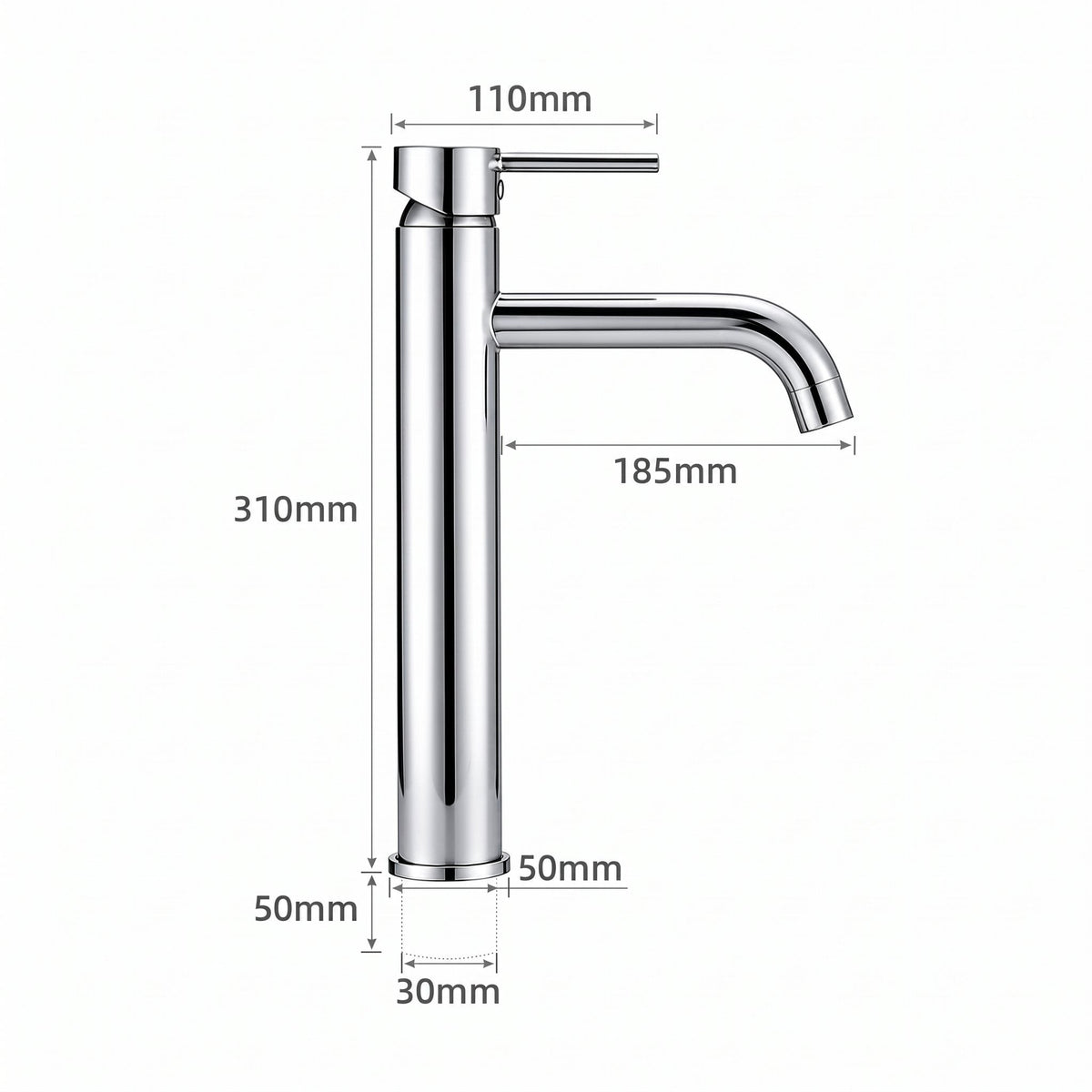 Schéma coté du robinet lavabo Dora Chrome Poli modèle haut : hauteur 310 mm, bec 185 mm