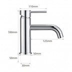 Schéma coté du robinet lavabo Dora Chrome Poli modèle standard : hauteur 180 mm, bec 125 mm