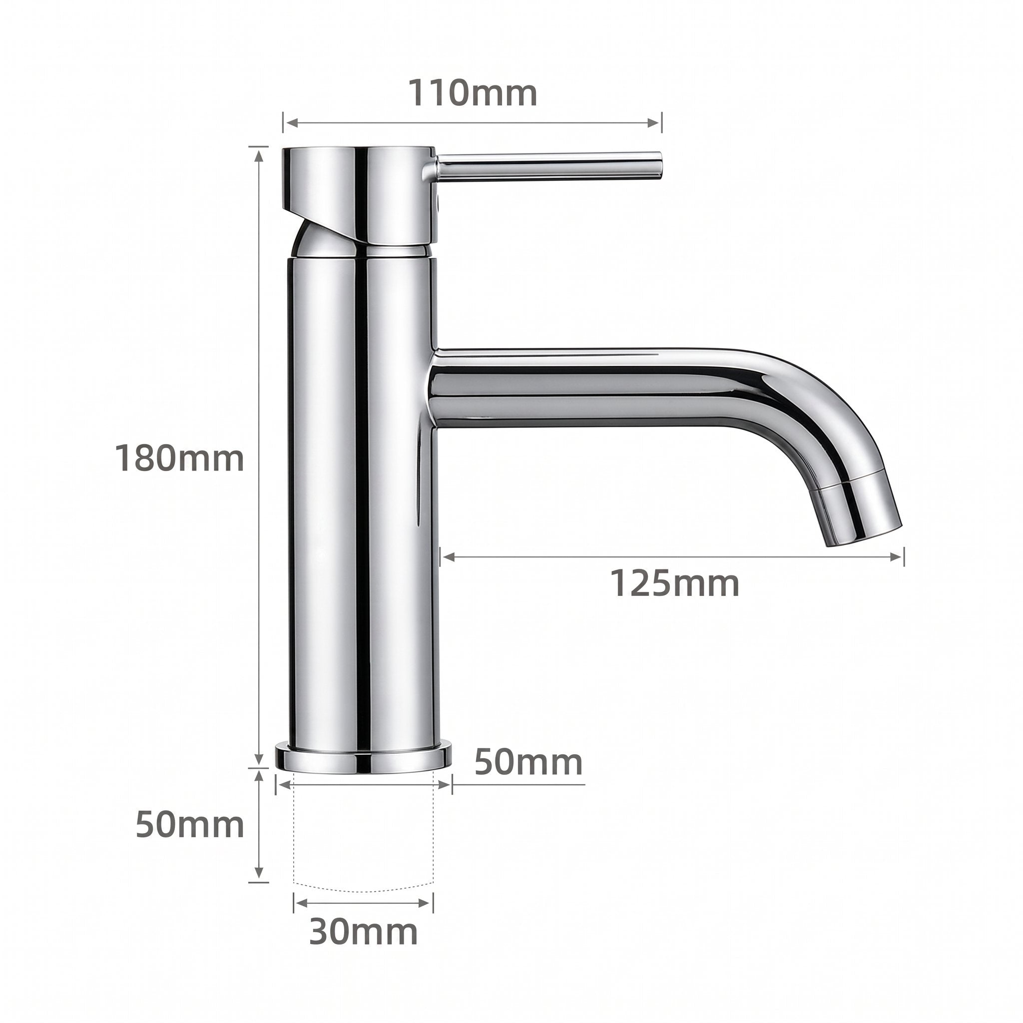 Schéma coté du robinet lavabo Dora Chrome Poli modèle standard : hauteur 180 mm, bec 125 mm