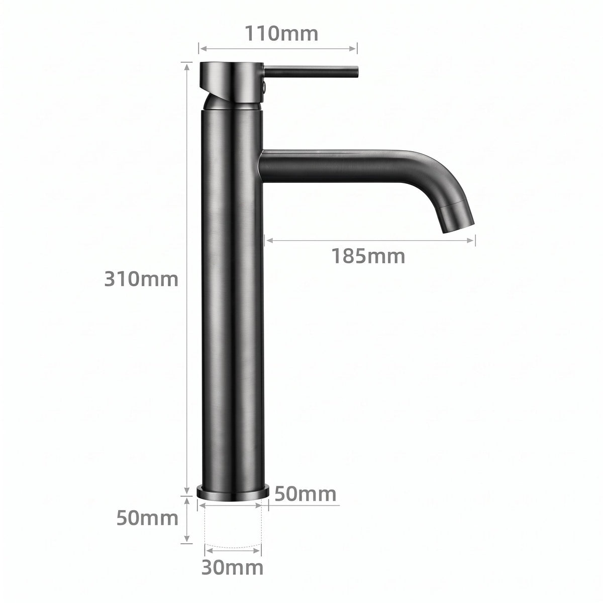 Schéma coté du robinet lavabo Dora Gun Metal modèle haut : hauteur 310 mm, bec 185 mm