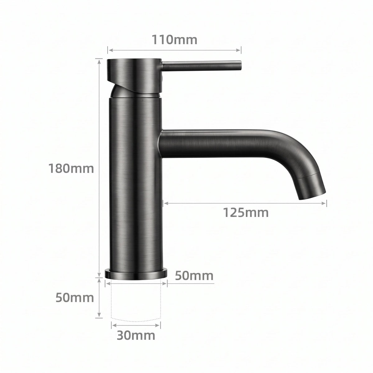 Schéma coté du robinet lavabo Dora Gun Metal modèle standard : hauteur 180 mm, bec 125 mm