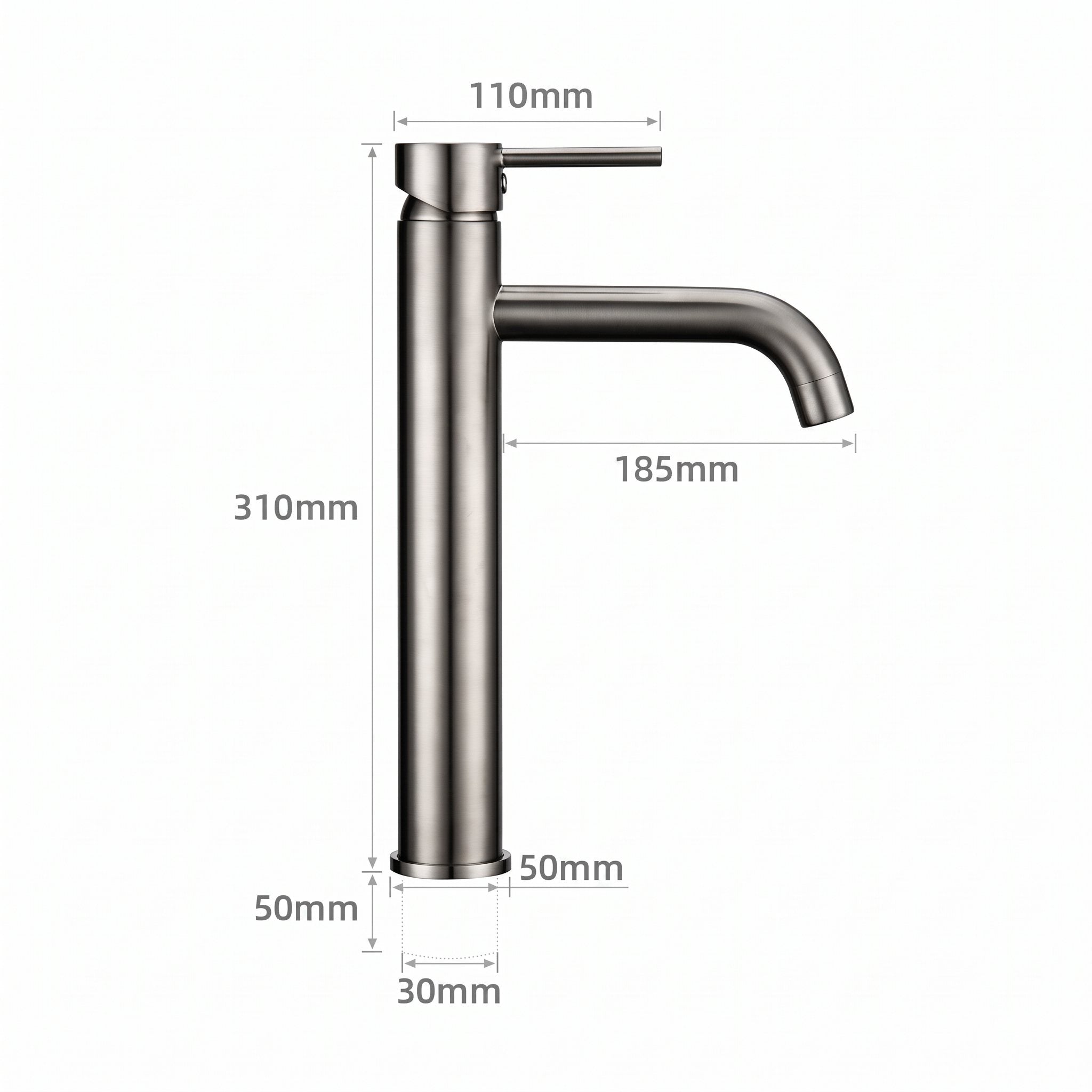 Schéma coté du robinet lavabo Dora Nickel Brossé modèle haut : hauteur 310 mm, bec 185 mm
