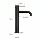 Schéma coté du robinet lavabo Dora Noir Mat modèle haut : hauteur 310 mm, bec 185 mm
