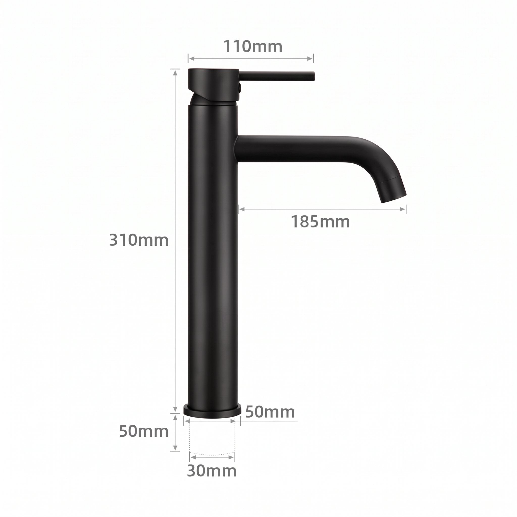 Schéma coté du robinet lavabo Dora Noir Mat modèle haut : hauteur 310 mm, bec 185 mm