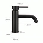Schéma coté du robinet lavabo Dora Noir Mat modèle standard : hauteur 180 mm, bec 125 mm