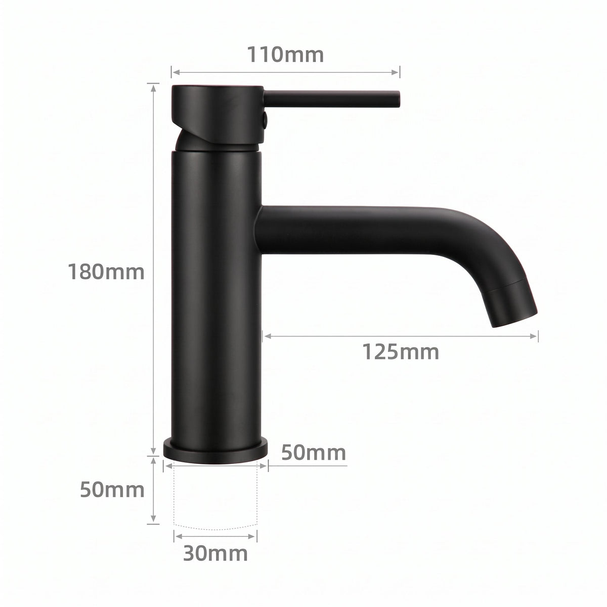 Schéma coté du robinet lavabo Dora Noir Mat modèle standard : hauteur 180 mm, bec 125 mm