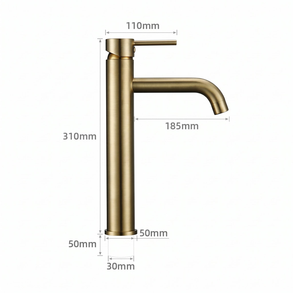 Schéma coté du robinet lavabo Dora Or Brossé modèle haut : hauteur 310 mm, bec 185 mm