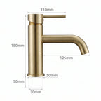 Schéma coté du robinet lavabo Dora Or Brossé modèle standard : hauteur 180 mm, bec 125 mm