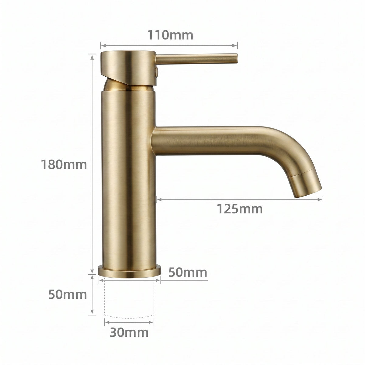 Schéma coté du robinet lavabo Dora Or Brossé modèle standard : hauteur 180 mm, bec 125 mm