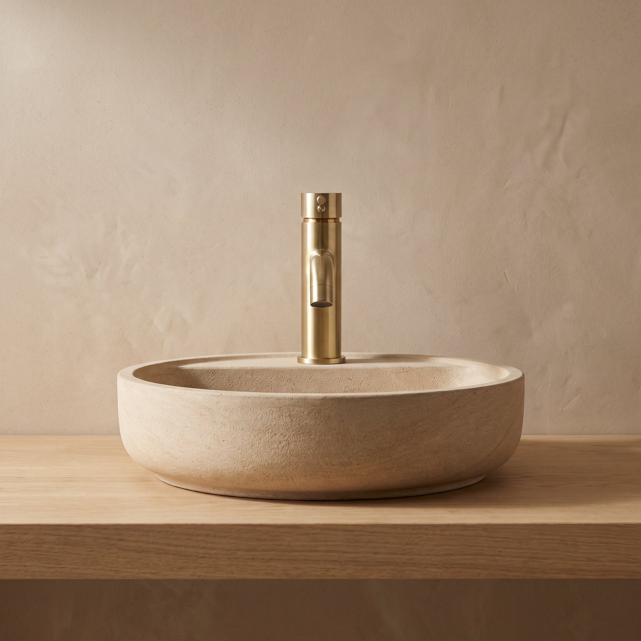 Robinet lavabo Dora Or Brossé modèle standard vu de face derrière une vasque à poser