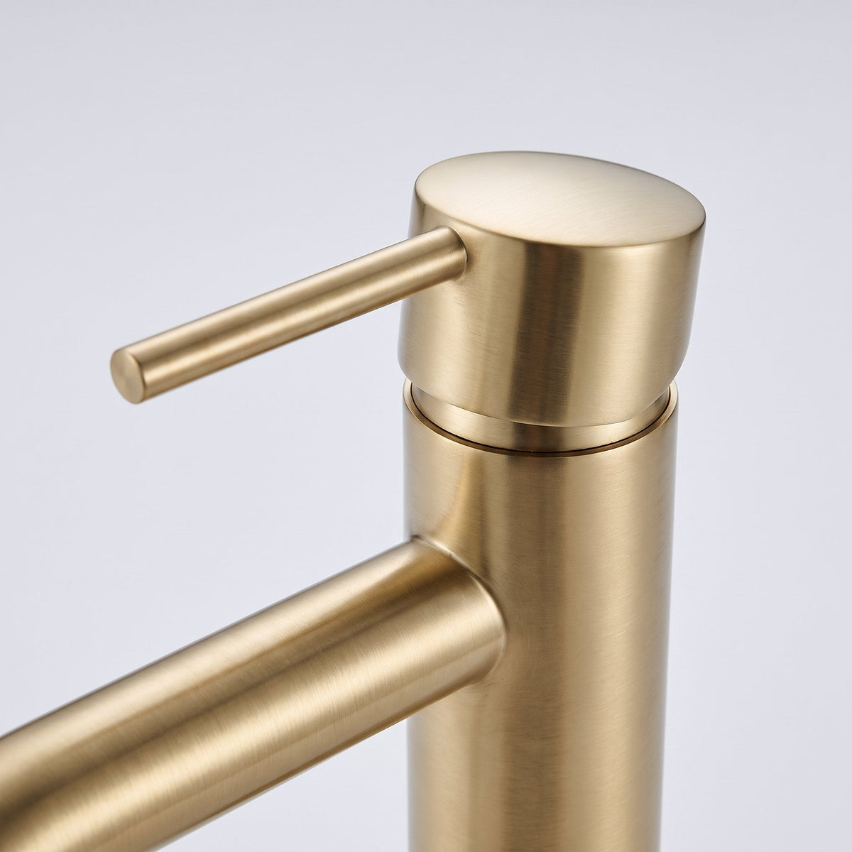 Gros plan sur la tête et la manette du robinet lavabo Dora Or Brossé