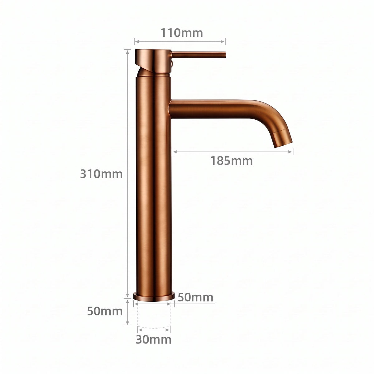 Schéma coté du robinet lavabo Dora Or Rose Brossé modèle haut : hauteur 310 mm, bec 185 mm