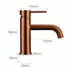 Schéma coté du robinet lavabo Dora Or Rose Brossé modèle standard : hauteur 180 mm, bec 125 mm