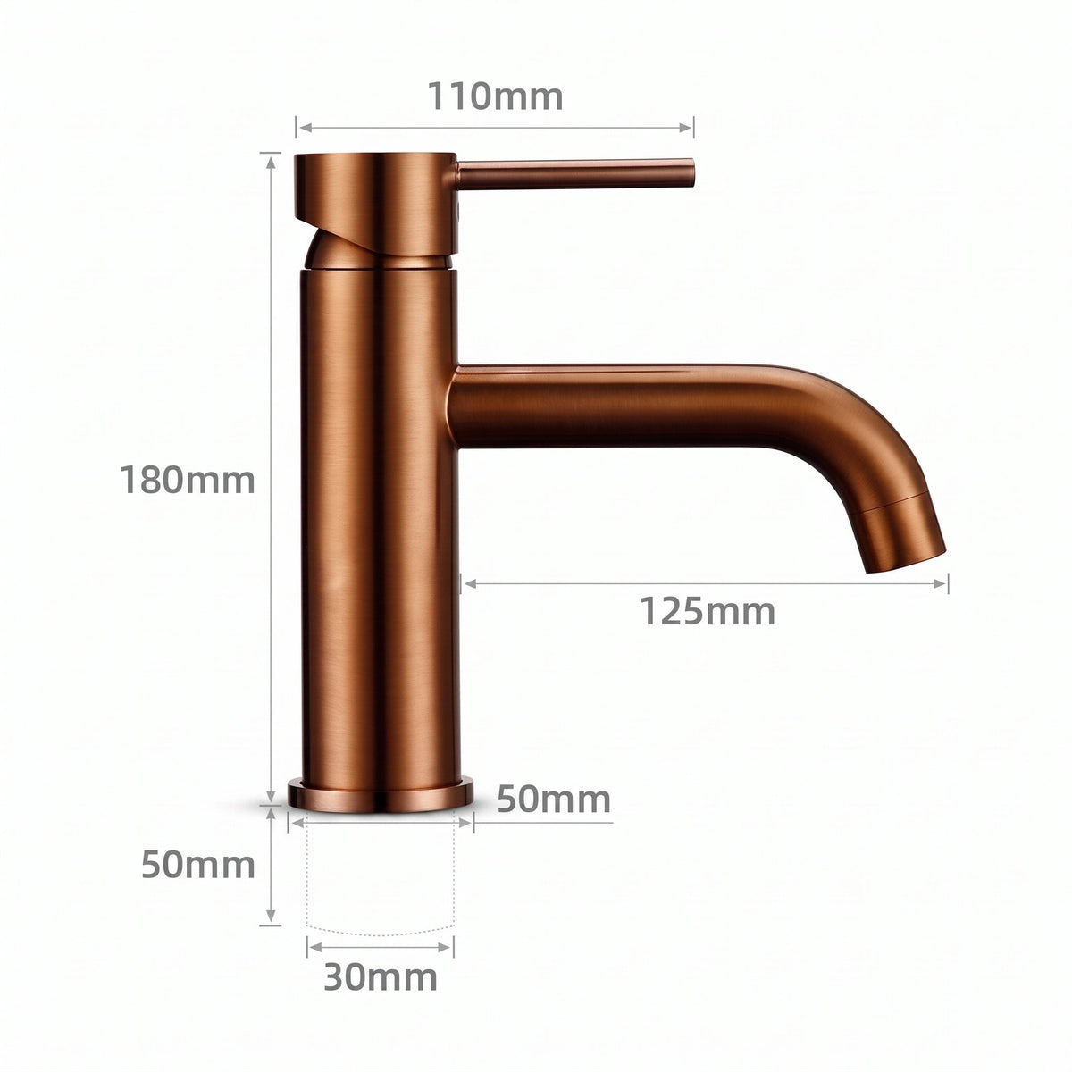 Schéma coté du robinet lavabo Dora Or Rose Brossé modèle standard : hauteur 180 mm, bec 125 mm