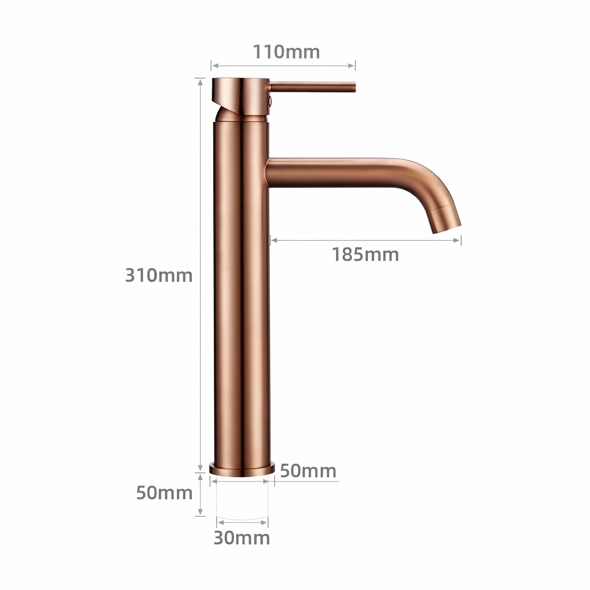 Schéma coté du robinet lavabo Dora Or Rose Poli modèle haut : hauteur 310 mm, bec 185 mm