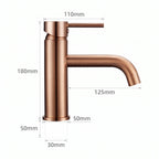 Schéma coté du robinet lavabo Dora Or Rose Poli modèle standard : hauteur 180 mm, bec 125 mm