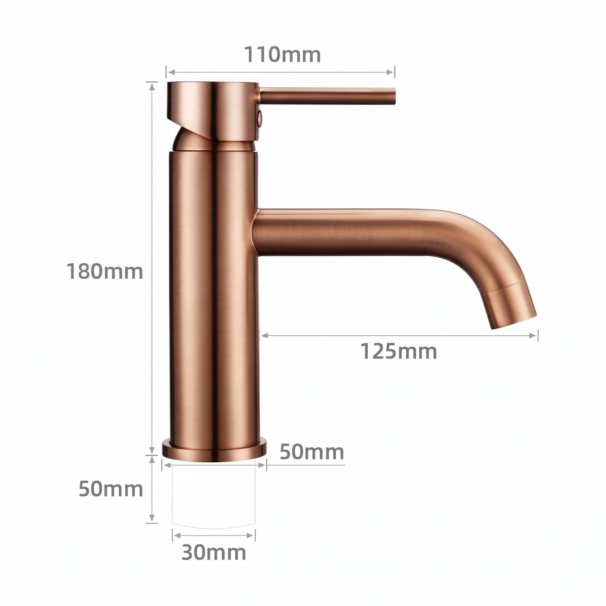 Schéma coté du robinet lavabo Dora Or Rose Poli modèle standard : hauteur 180 mm, bec 125 mm