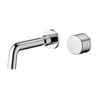Robinet mural encastrable Linea chrome : bec et molette sur fond blanc