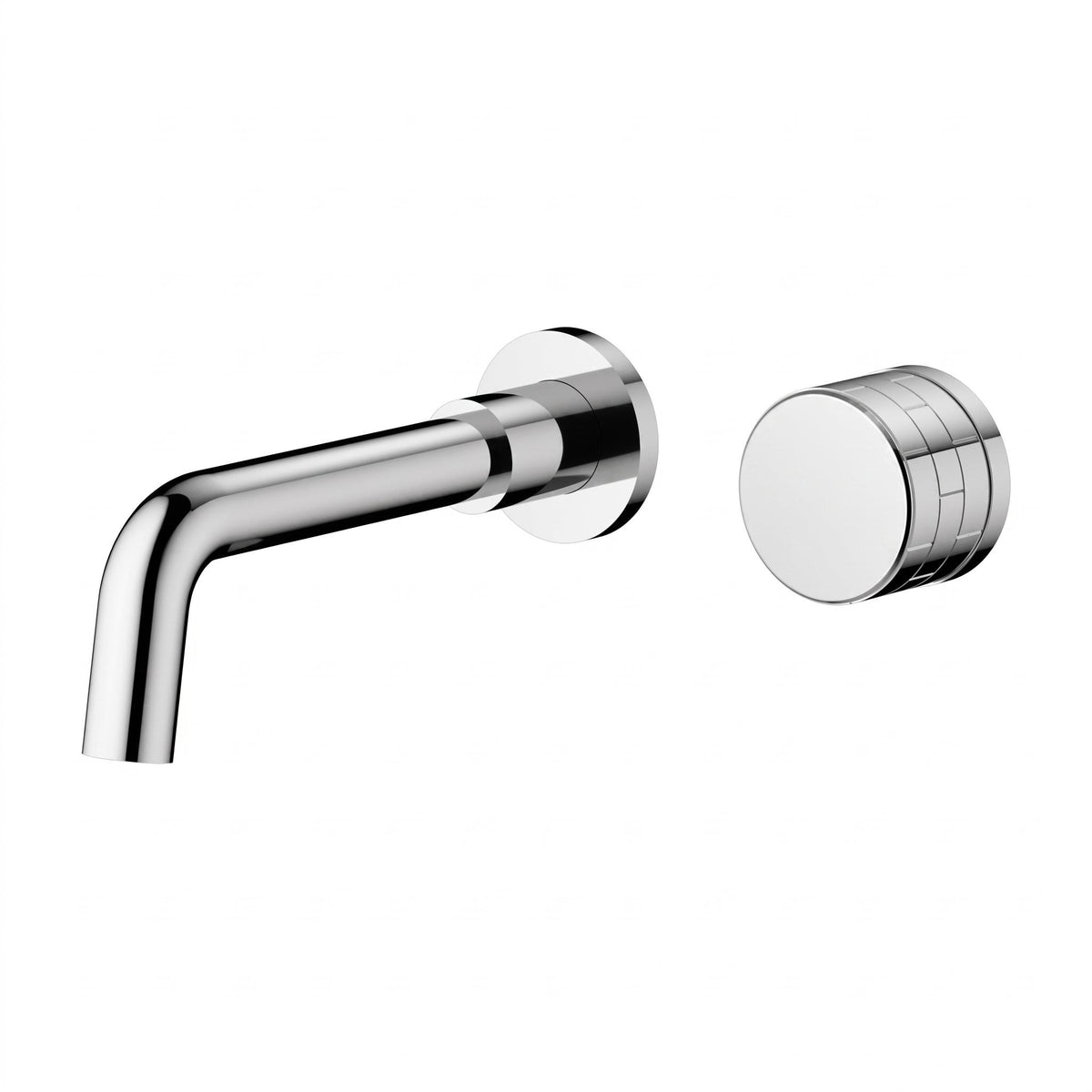 Robinet mural encastrable Linea chrome : bec et molette sur fond blanc
