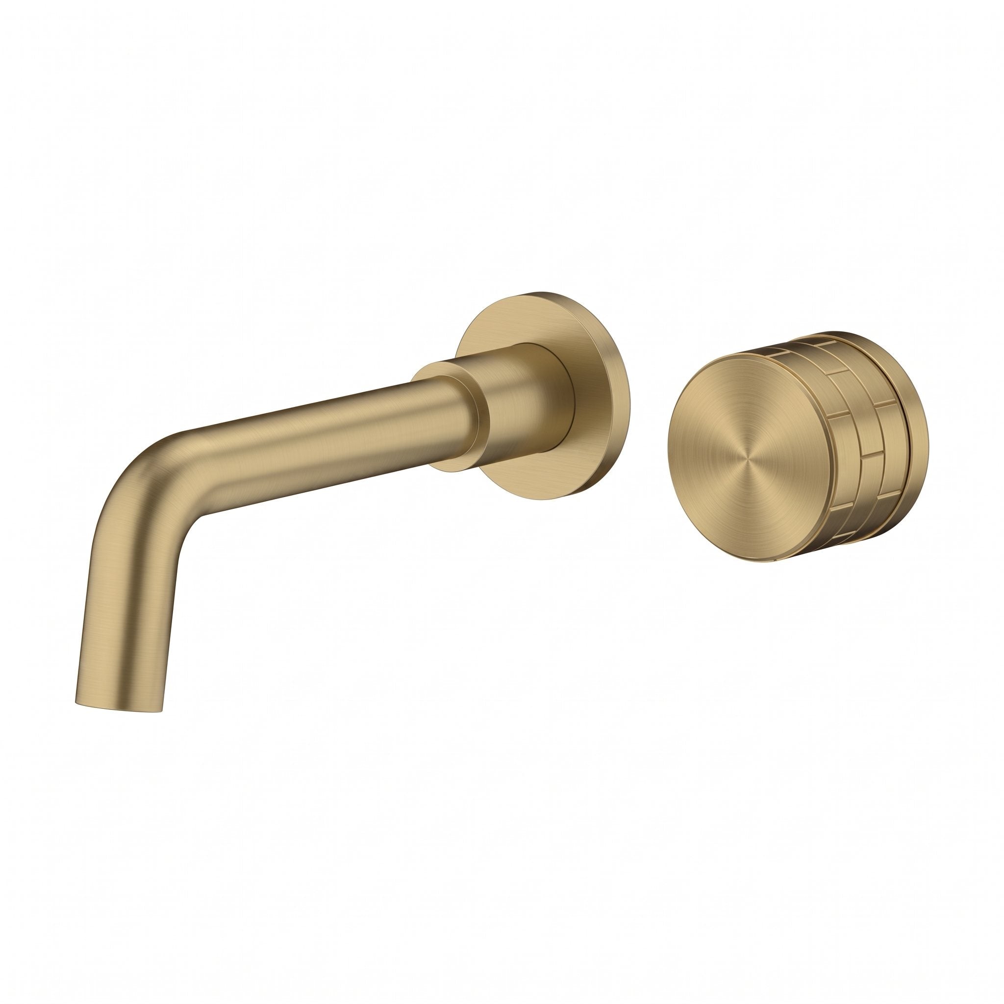 Robinet mural encastrable Linea gun metal : bec et molette sur fond blanc