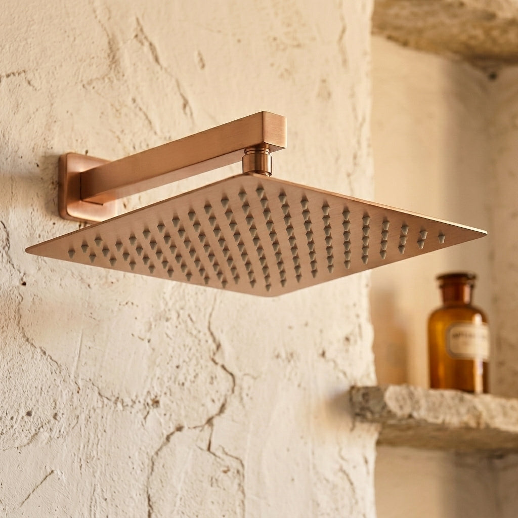 Colonne de Douche Encastrée Vael Or Rose Brossé Laiton — Pommeau Pluie 250×250 mm