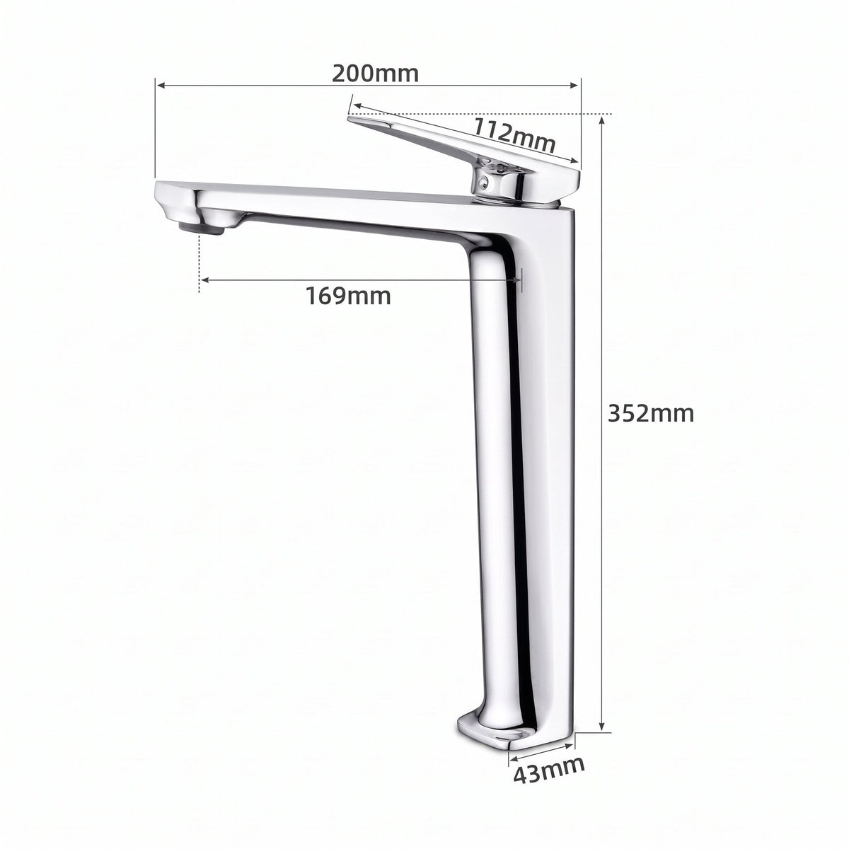 Schéma coté du robinet lavabo Metra Chrome Poli modèle haut : hauteur 352 mm, bec 169 mm