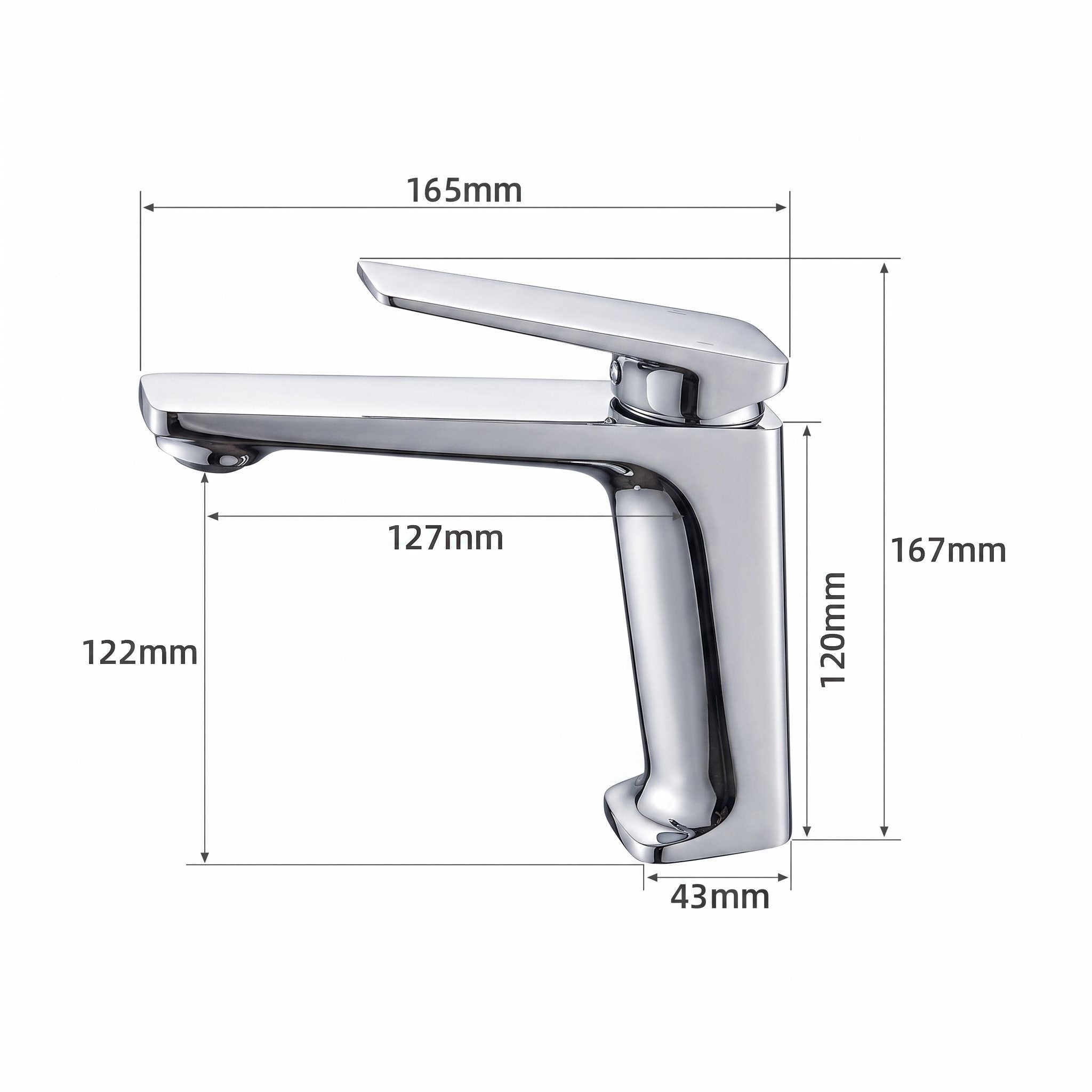 Schéma coté du robinet lavabo Metra Chrome Poli modèle court : hauteur 167 mm, bec 127 mm