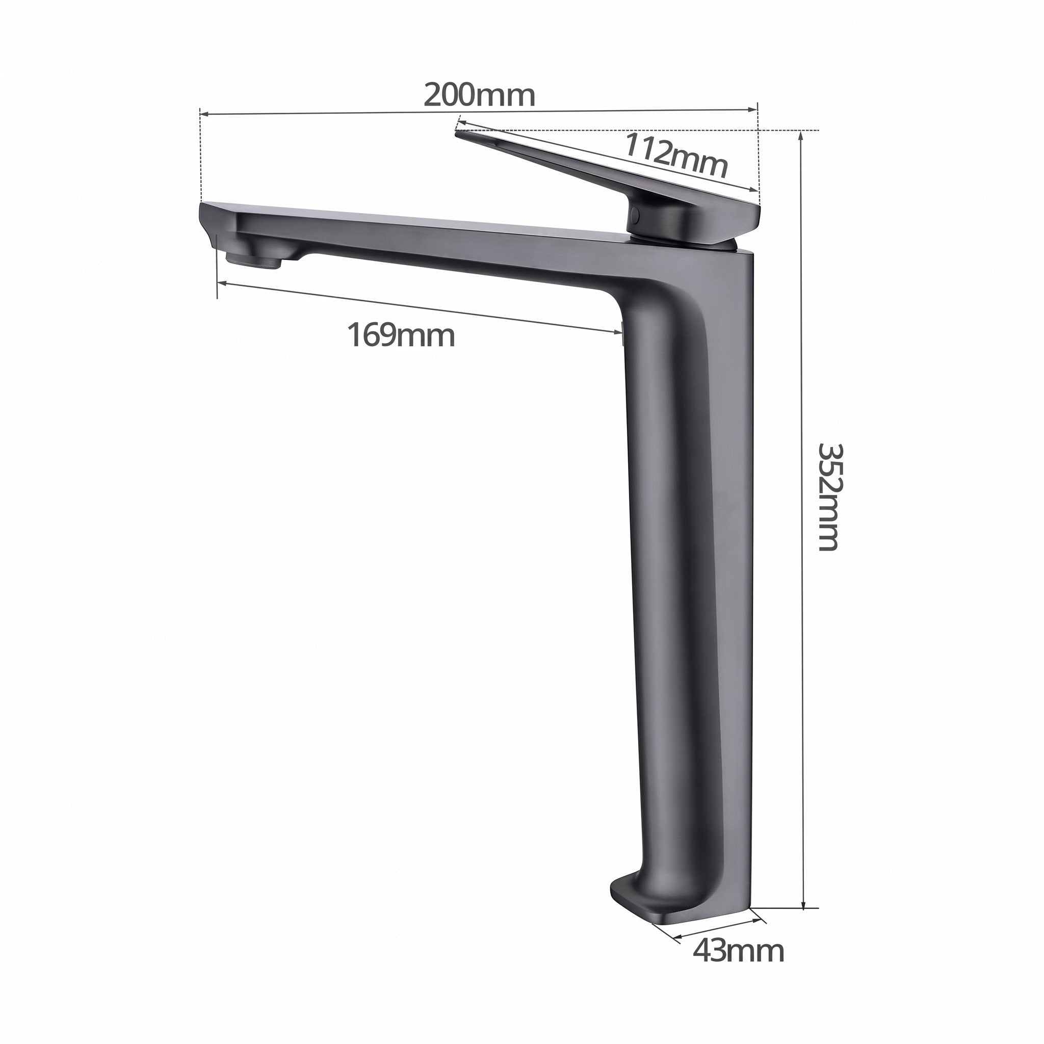 Schéma coté du robinet lavabo Metra Gun Metal modèle haut : hauteur 352 mm, bec 169 mm
