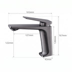 Schéma coté du robinet lavabo Metra Gun Metal modèle court : hauteur 167 mm, bec 127 mm