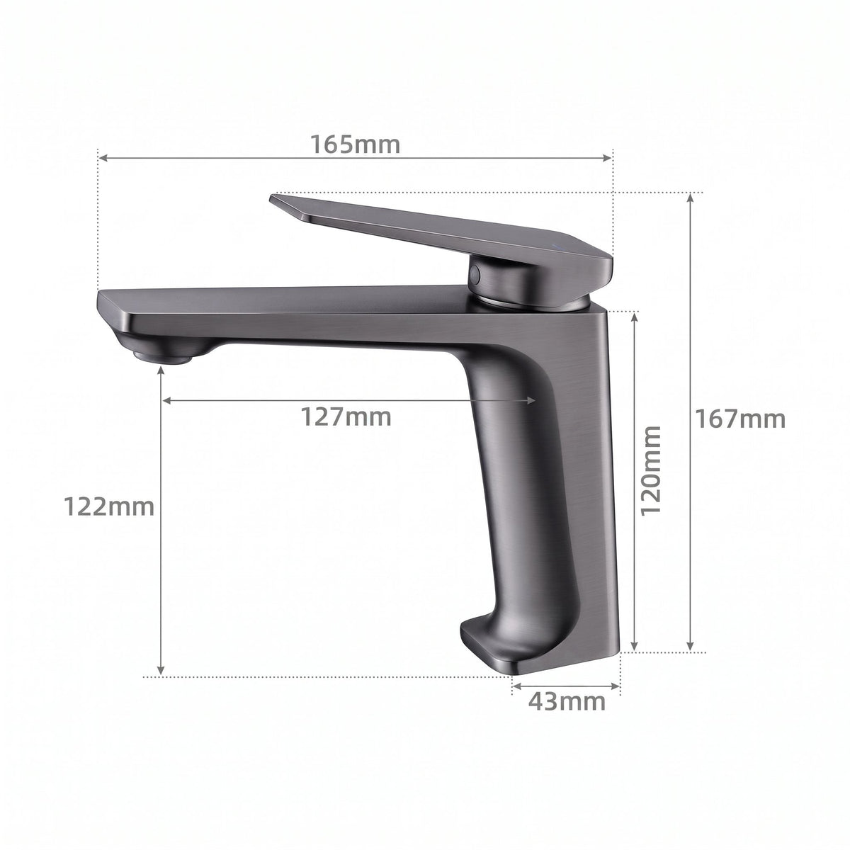 Schéma coté du robinet lavabo Metra Gun Metal modèle court : hauteur 167 mm, bec 127 mm