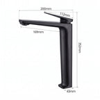 Schéma coté du robinet lavabo Metra Noir Mat modèle haut : hauteur 352 mm, bec 169 mm