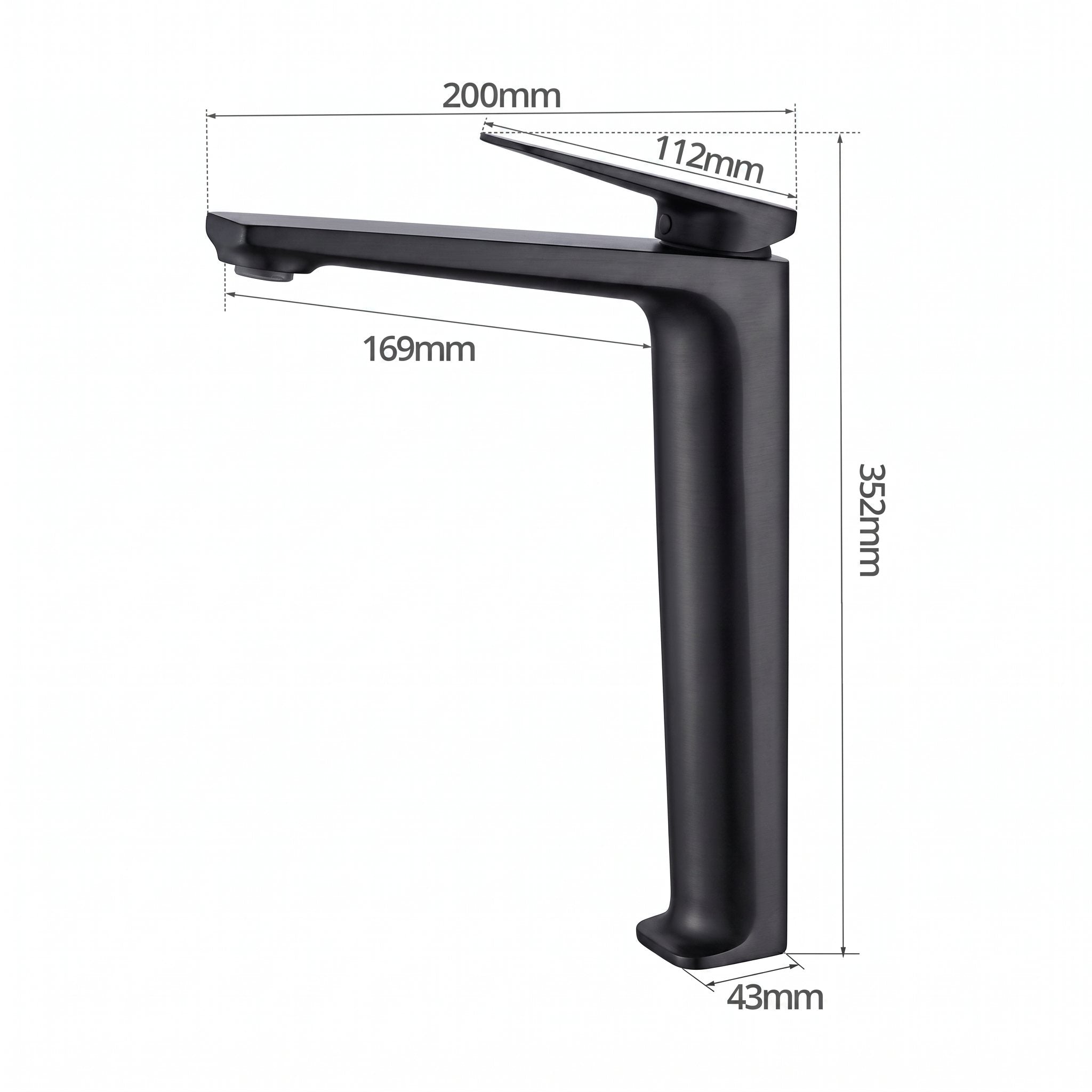 Schéma coté du robinet lavabo Metra Noir Mat modèle haut : hauteur 352 mm, bec 169 mm