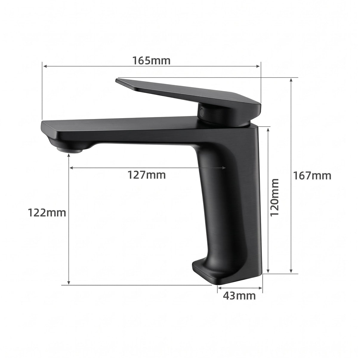 Schéma coté du robinet lavabo Metra Noir Mat modèle court : hauteur 167 mm, bec 127 mm