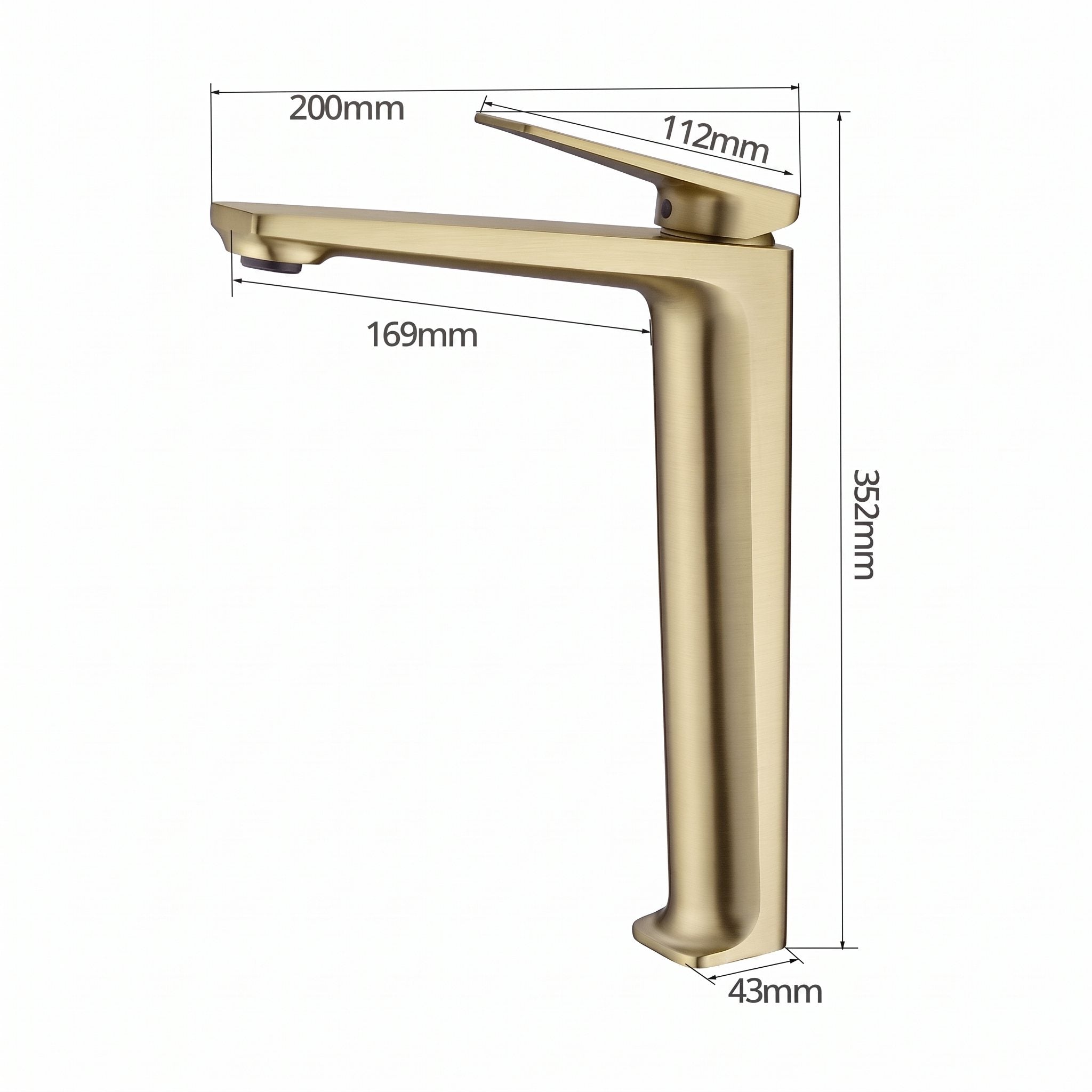 Schéma coté du robinet lavabo Metra Or Brossé modèle haut : hauteur 352 mm, bec 169 mm