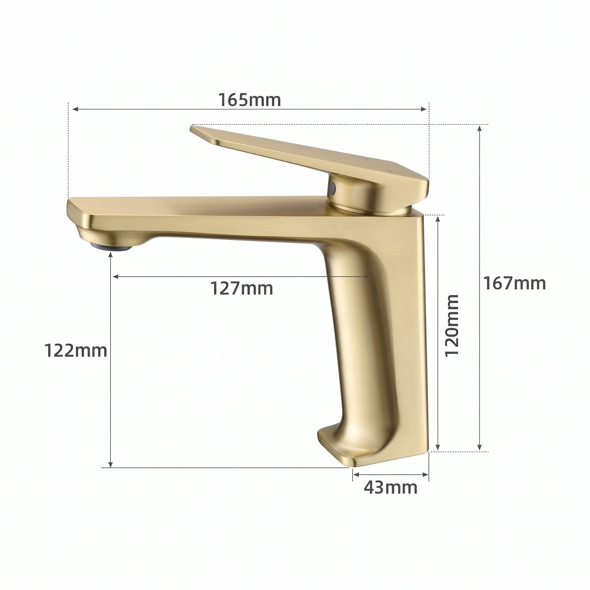Schéma coté du robinet lavabo Metra Or Brossé modèle court : hauteur 167 mm, bec 127 mm
