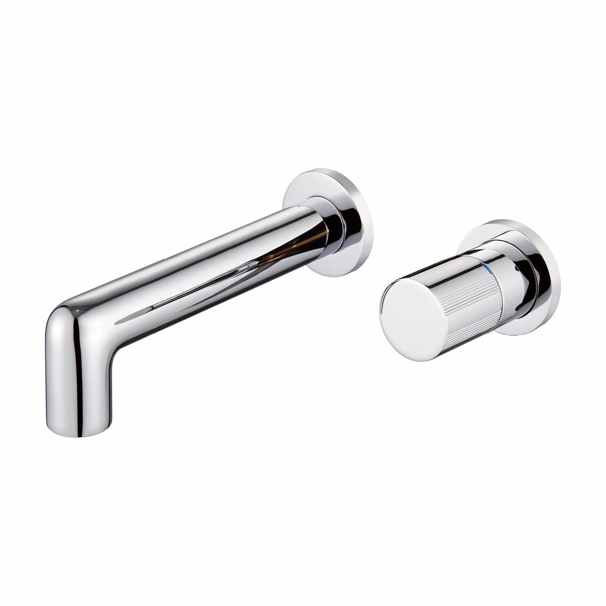 Robinet mural encastrable Muro chrome : bec et molette sur fond blanc