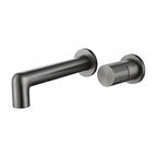 Robinet mural encastrable Muro gun metal : bec et molette sur fond blanc