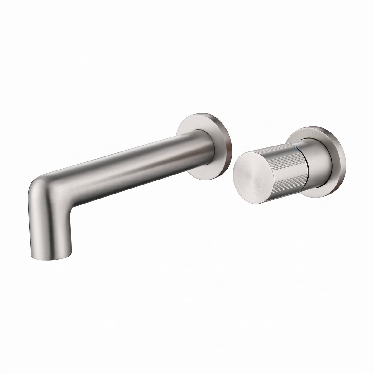 Robinet mural encastrable Muro nickel brossé : bec et molette sur fond blanc