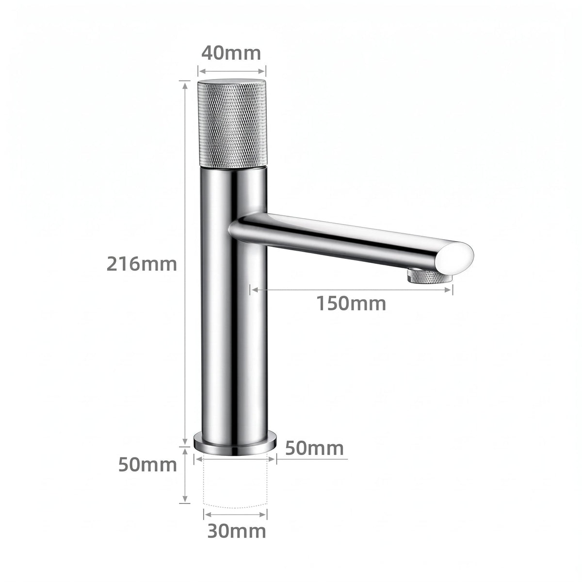 Schéma coté du robinet lavabo Runa 216 mm : hauteur 216 mm, bec 150 mm