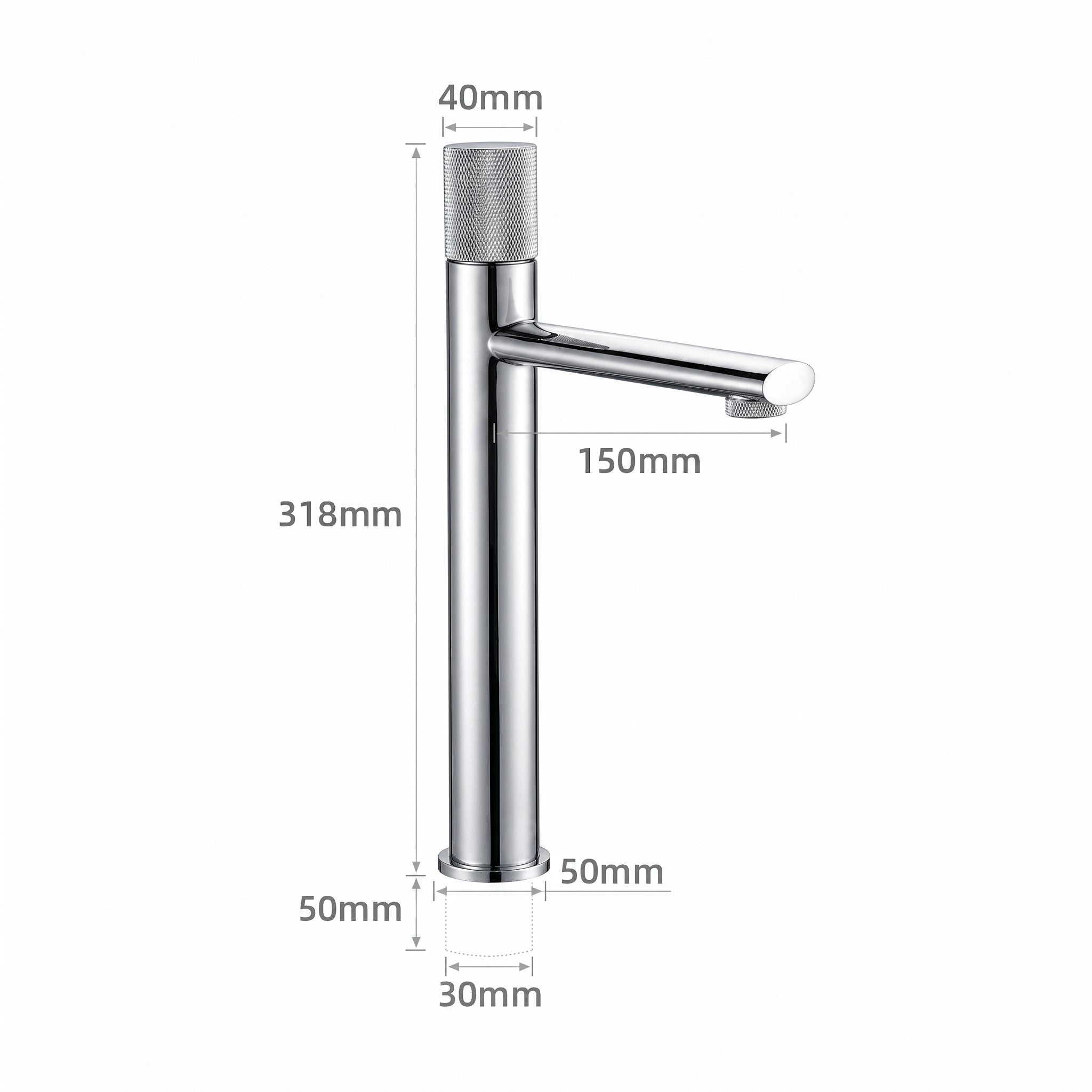 Schéma coté du robinet lavabo Runa 318 mm : hauteur 318 mm, bec 150 mm