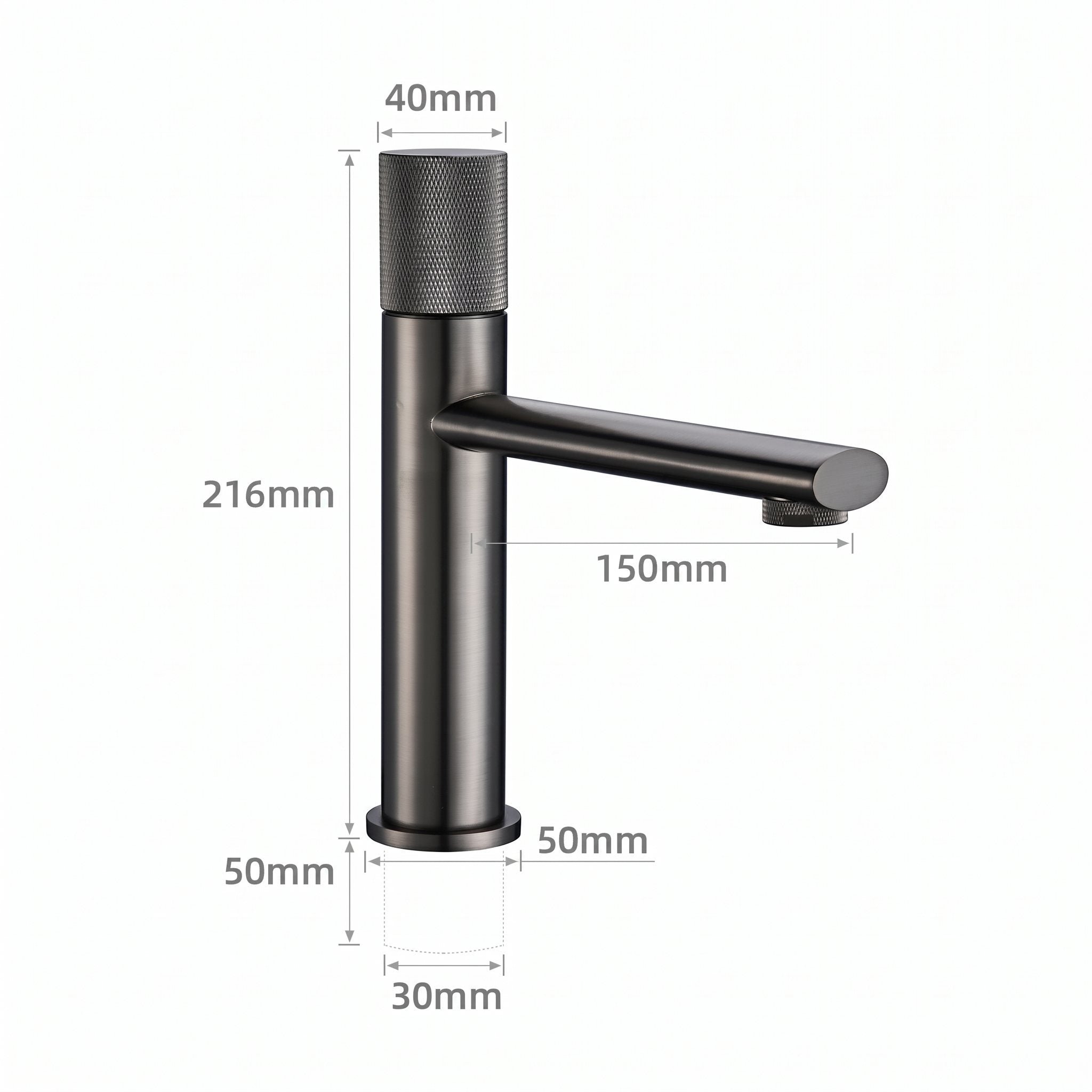 Schéma coté du robinet lavabo Runa 216 mm : hauteur 216 mm, bec 150 mm