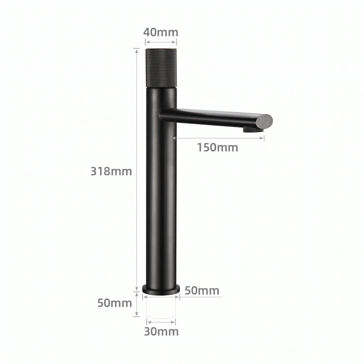 Schéma coté du robinet lavabo Runa 318 mm : hauteur 318 mm, bec 150 mm